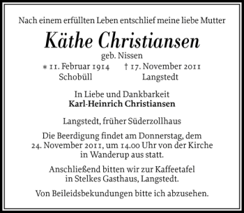Traueranzeige von Käthe Christiansen von Flensburger Tageblatt