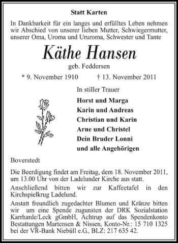 Traueranzeige von Käthe Hansen von Flensburger Tageblatt