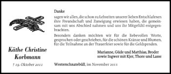 Traueranzeige von Käthe Christine Korbmann von Nordfriesland Tageblatt