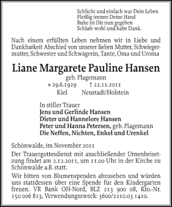 Traueranzeige von Liane Margarete Pauline Hansen von Ostholsteiner Anzeiger