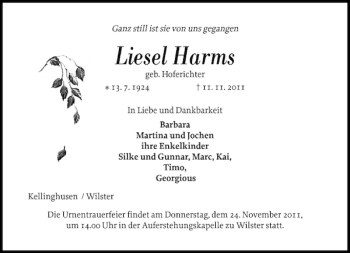 Traueranzeige von Liesel Harms von Norddeutsche Rundschau