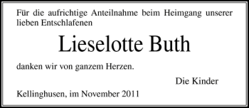 Traueranzeige von Lieselotte Buth von Norddeutsche Rundschau