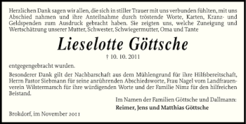 Traueranzeige von Lieselotte Göttsche von Norddeutsche Rundschau