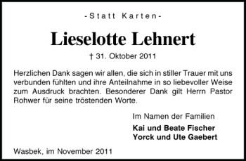 Traueranzeige von Lieselotte Lehnert von Holsteinischer Courier