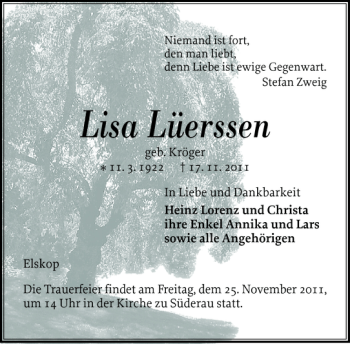 Traueranzeige von Lisa Lüerssen von Norddeutsche Rundschau