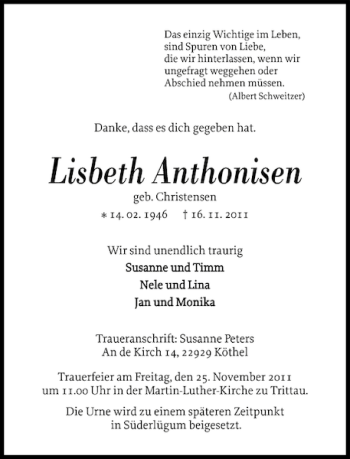 Traueranzeige von Lisbeth Anthonisen von Nordfriesland Tageblatt