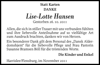 Traueranzeige von Lise-Lotte Hansen von Flensburger Tageblatt