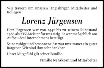 Traueranzeige von Lorenz Jürgensen von Flensburger Tageblatt