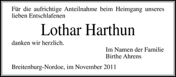 Traueranzeige von Lothar Harthun von Norddeutsche Rundschau