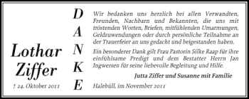 Traueranzeige von Lothar Ziffer von Husumer Nachrichten
