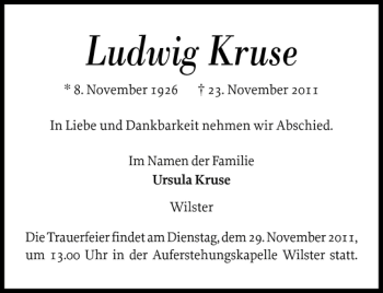 Traueranzeige von Ludwig Kruse von Norddeutsche Rundschau