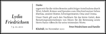 Traueranzeige von Lydia Friedrichsen von Nordfriesland Tageblatt