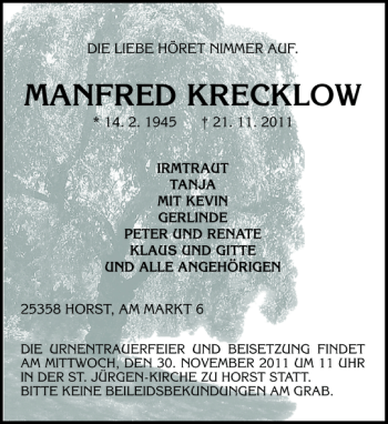 Traueranzeige von MANFRED KRECKLOW von Elmshorner Nachrichten