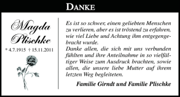 Traueranzeige von Magda Plischke von Holsteinischer Courier