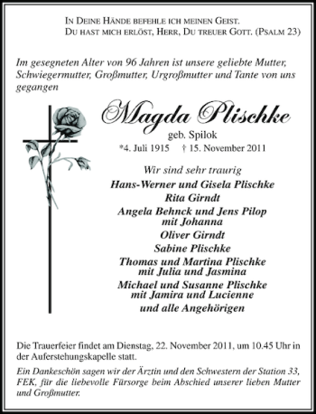Traueranzeige von Magda Plischke von Holsteinischer Courier