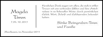 Traueranzeige von Magda Timm von Norddeutsche Rundschau