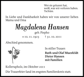 Traueranzeige von Magdalena Hansen von Flensburger Tageblatt