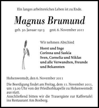 Traueranzeige von Magnus Brumund von Landeszeitung