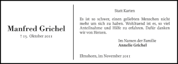 Traueranzeige von Manfred Grichel von Elmshorner Nachrichten