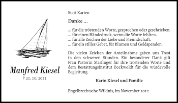 Traueranzeige von Manfred Kiesel von Norddeutsche Rundschau