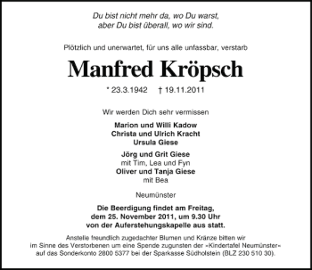 Traueranzeige von Manfred Kröpsch von Holsteinischer Courier