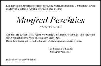 Traueranzeige von Manfred Peschties von Landeszeitung