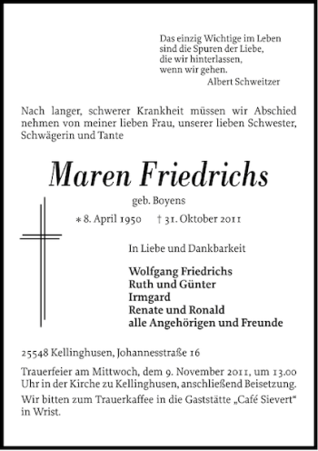 Traueranzeige von Maren Friedrichs von Norddeutsche Rundschau