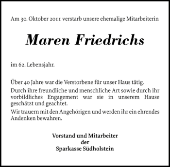 Traueranzeige von Maren Friedrichs von Holsteinischer Courier