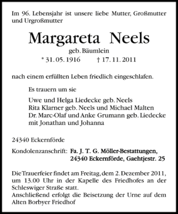 Traueranzeige von Margareta Neels von Eckernförder Zeitung