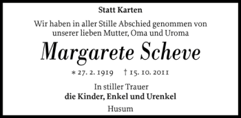 Traueranzeige von Margarete Scheve von Husumer Nachrichten
