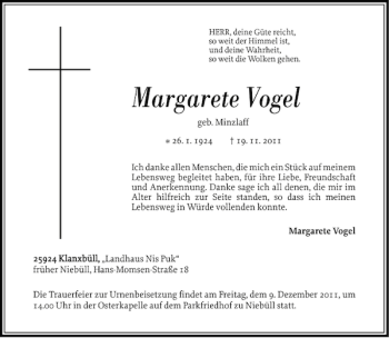 Traueranzeige von Margarete Vogel von Nordfriesland Tageblatt