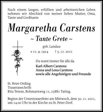 Traueranzeige von Margaretha Carstens von Husumer Nachrichten