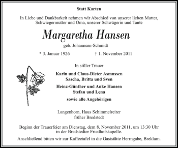 Traueranzeige von Margaretha Hansen von Husumer Nachrichten