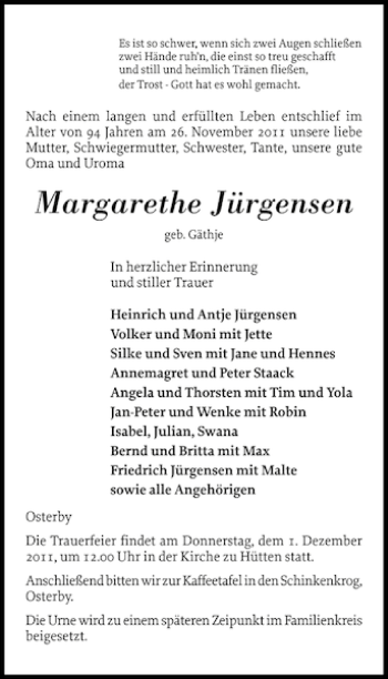 Traueranzeige von Margarethe Jürgensen von Eckernförder Zeitung