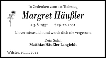 Traueranzeige von Margret Häußler von Norddeutsche Rundschau