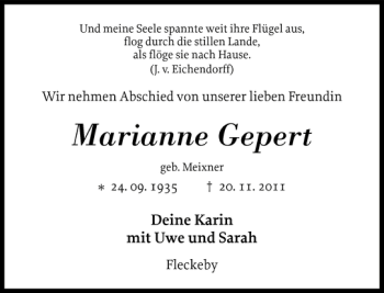 Traueranzeige von Marianne Gepert von Eckernförder Zeitung