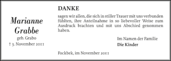 Traueranzeige von Marianne Grabbe von Landeszeitung