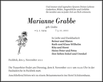 Traueranzeige von Marianne Grabbe von Landeszeitung