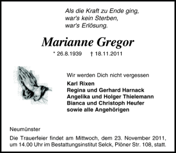 Traueranzeige von Marianne Gregor von Holsteinischer Courier