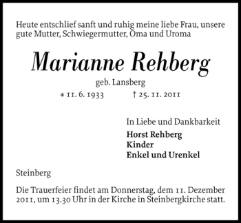 Traueranzeige von Marianne Rehberg von Flensburger Tageblatt
