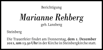 Traueranzeige von Marianne Rehberg von Flensburger Tageblatt