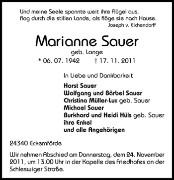 Traueranzeige von Marianne Sauer von Eckernförder Zeitung