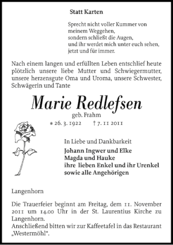 Traueranzeige von Marie Redlefsen von Husumer Nachrichten