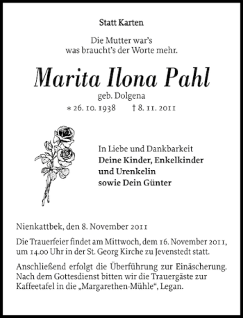 Traueranzeige von Marita Ilona Pahl von Landeszeitung