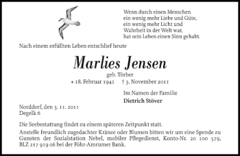 Traueranzeige von Marlies Jensen von Der Insel-Bote