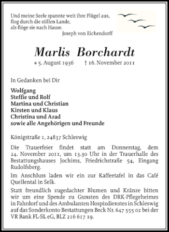 Traueranzeige von Marlis Borchardt von Schleswiger Nachrichten