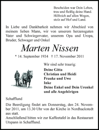 Traueranzeige von Marten Nissen von Flensburger Tageblatt