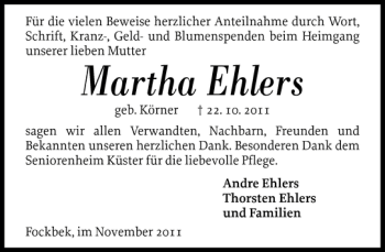 Traueranzeige von Martha Ehlers von Landeszeitung