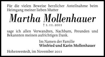 Traueranzeige von Martha Mollenhauer von Landeszeitung