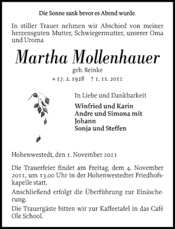 Traueranzeige von Martha Mollenhauer von Landeszeitung